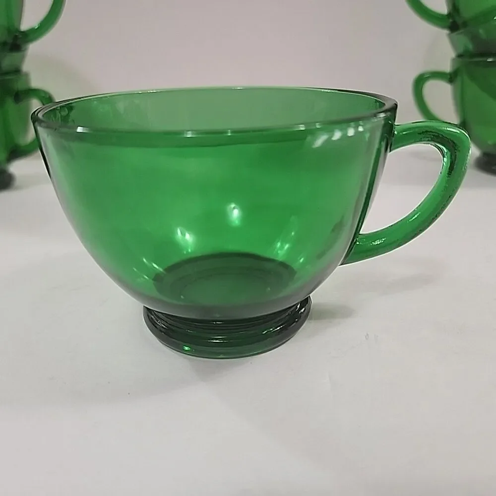 Vtg 8oz Anchor Hocking Set of 8 Forest Green Glass Coffee Punch Tea Cups